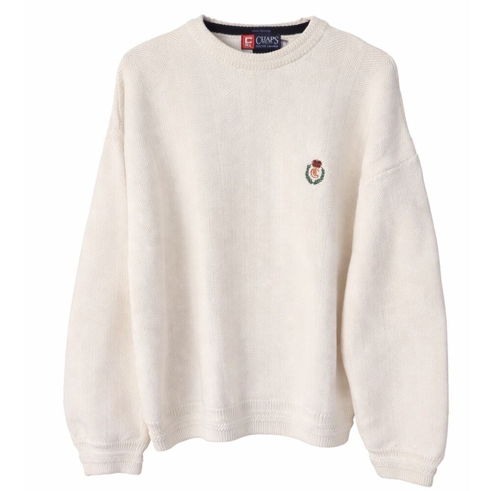 Chaps Ralph Lauren Men’s XXL Cream Cotton Sweater Crest Logo Stripes Classic Vtg